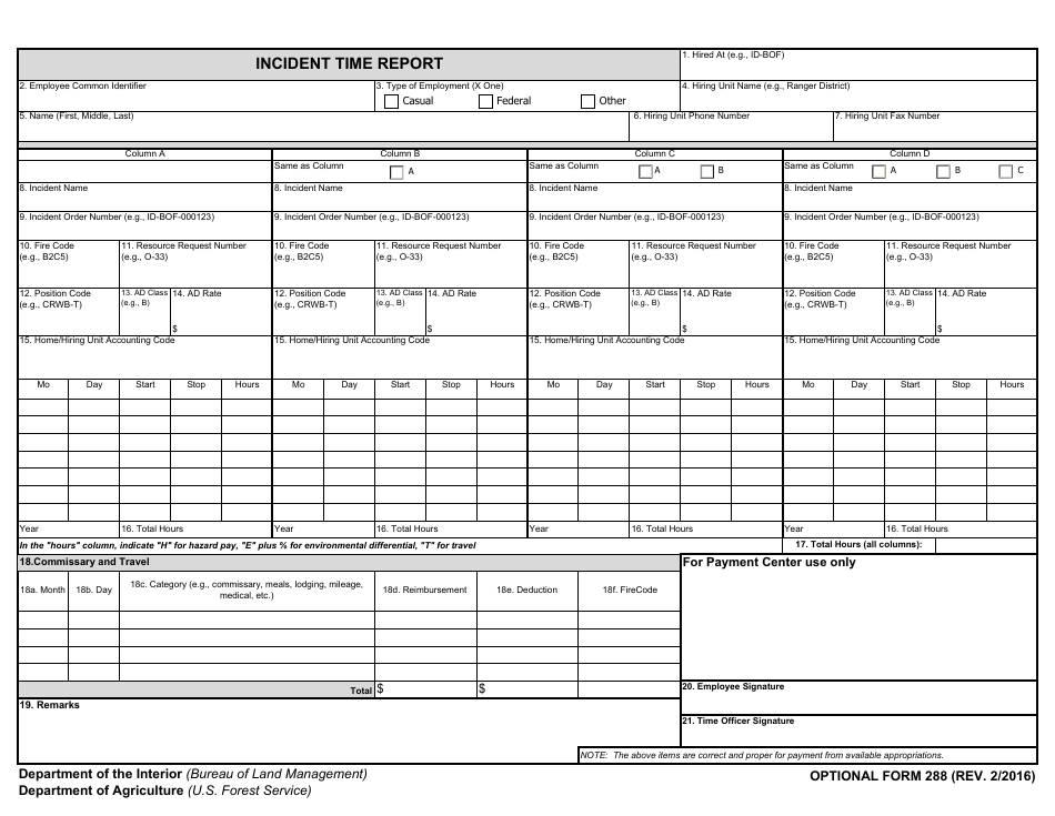 Optional Form 288 Incident Time Report, Page 1