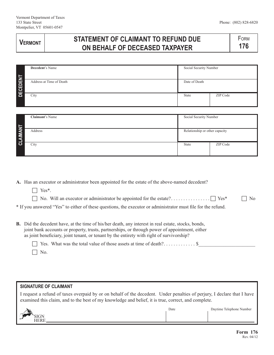VT Form 176 Statement of Claimant to Refund Due on Behalf of Deceased Taxpayer - Vermont, Page 1