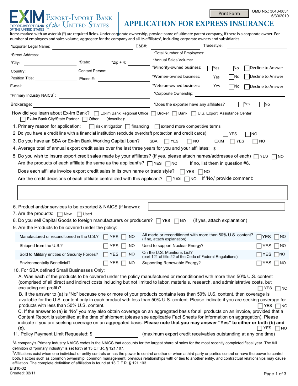 Form EIB10-02 Application for Express Insurance, Page 1