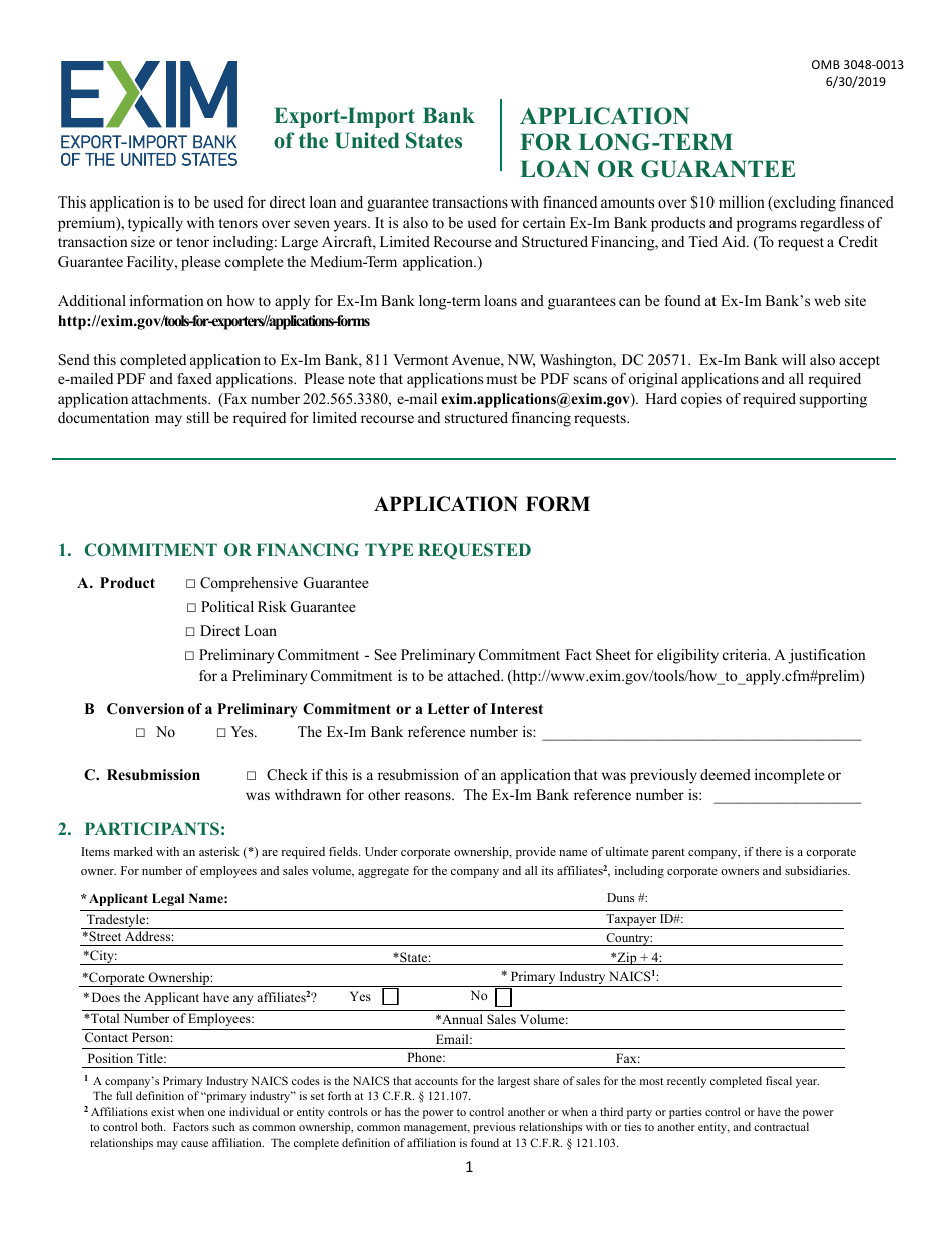 Application for Long-Term Loan or Guarantee, Page 1