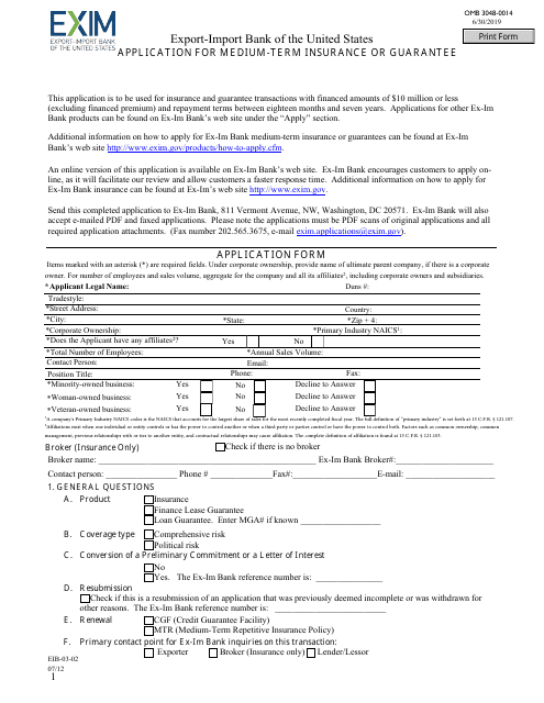 Form EIB-03-02 Application for Medium-Term Insurance or Guarantee