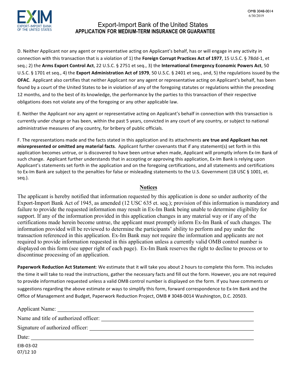 Form EIB-03-02 Application for Medium-Term Insurance or Guarantee, Page 10