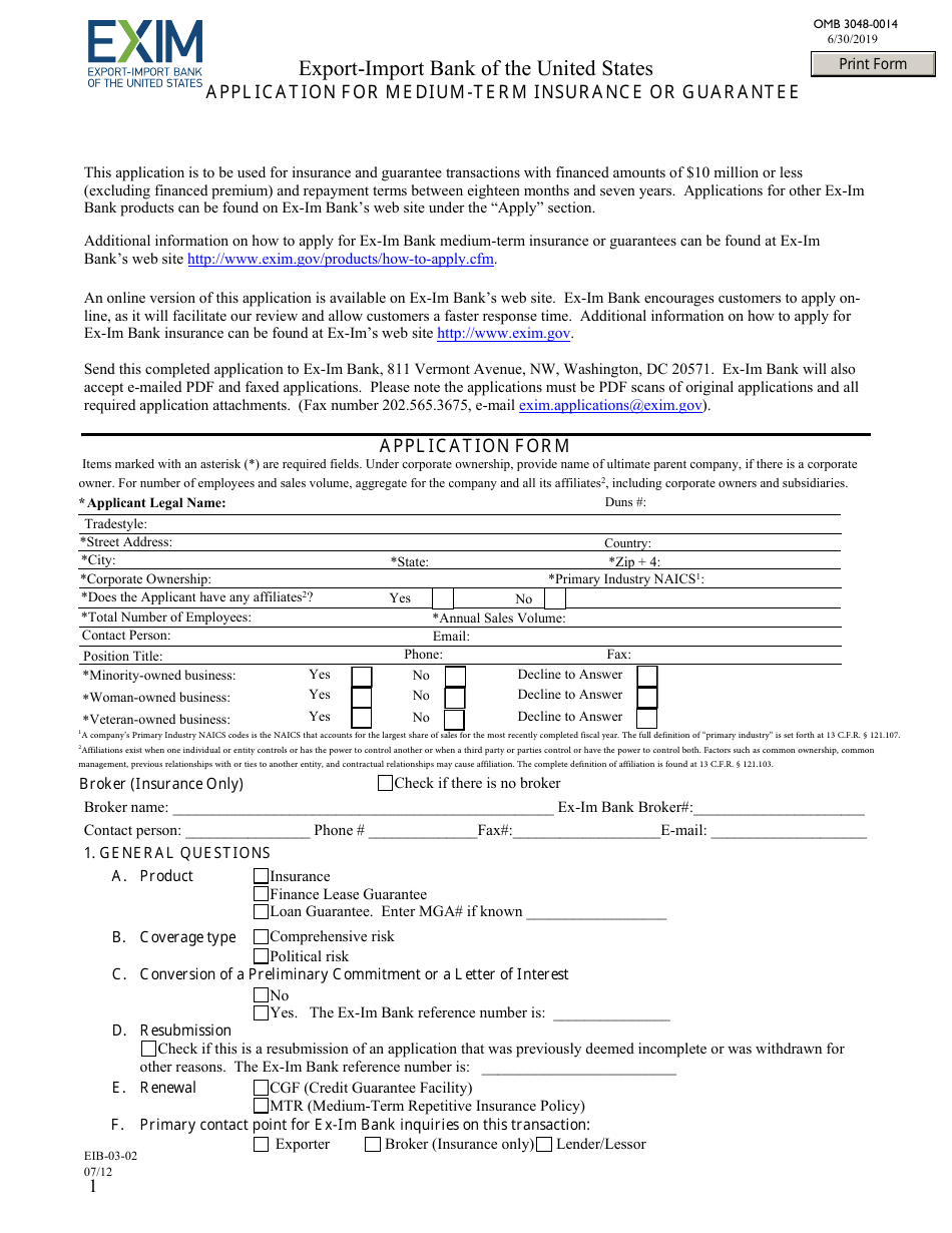 Form EIB-03-02 Application for Medium-Term Insurance or Guarantee, Page 1