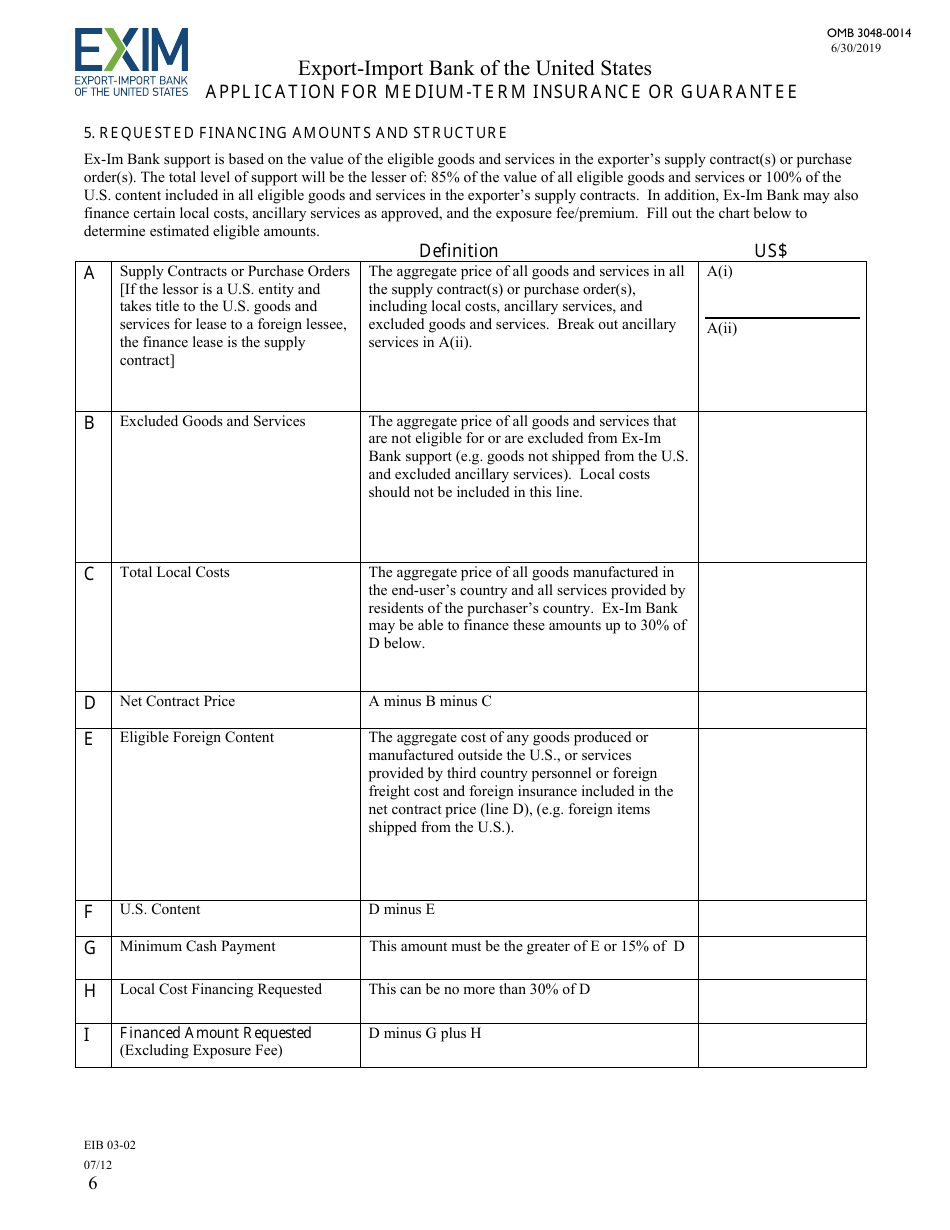 Form EIB-03-02 Application for Medium-Term Insurance or Guarantee, Page 6