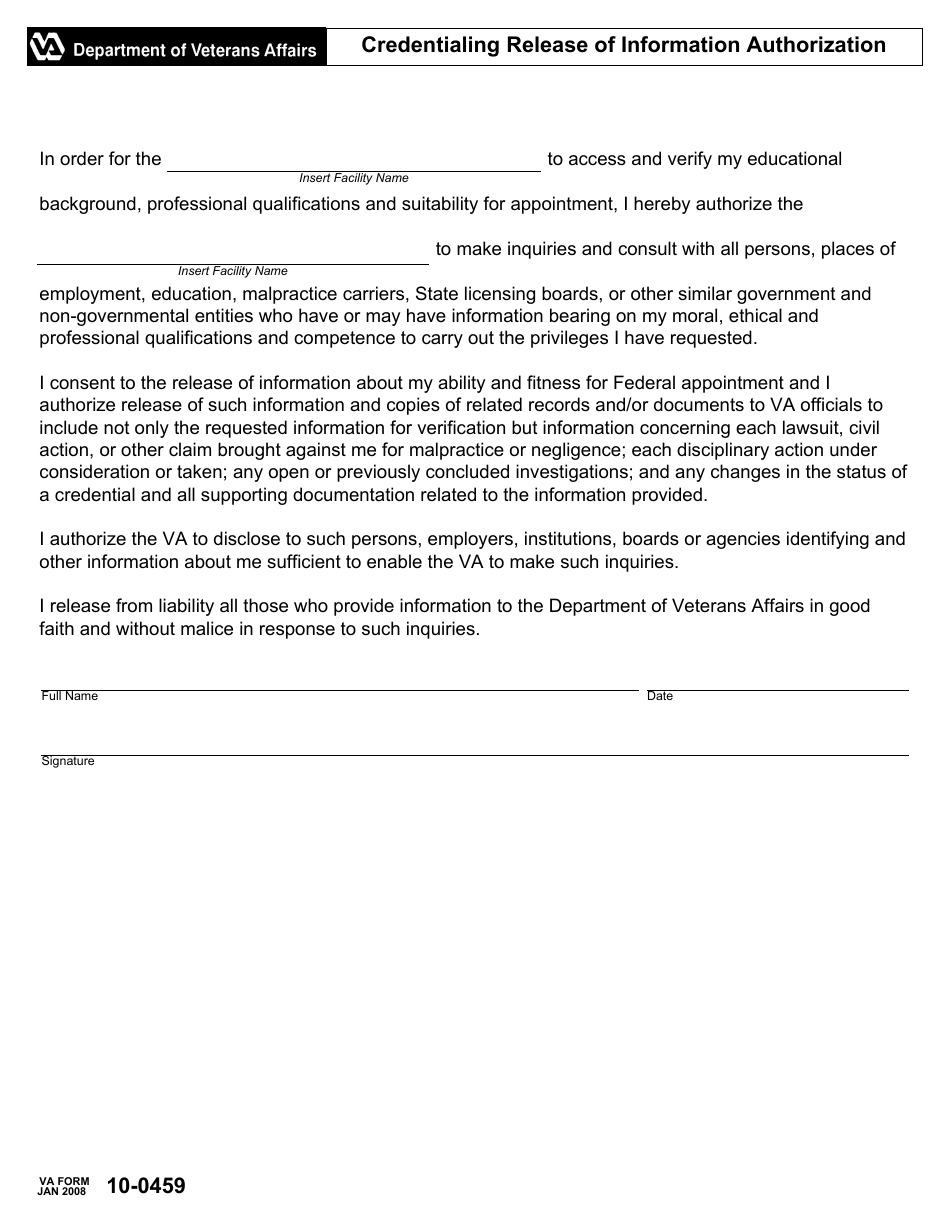 VA Form 10-0459 Credentialing Release of Information Authorization, Page 1