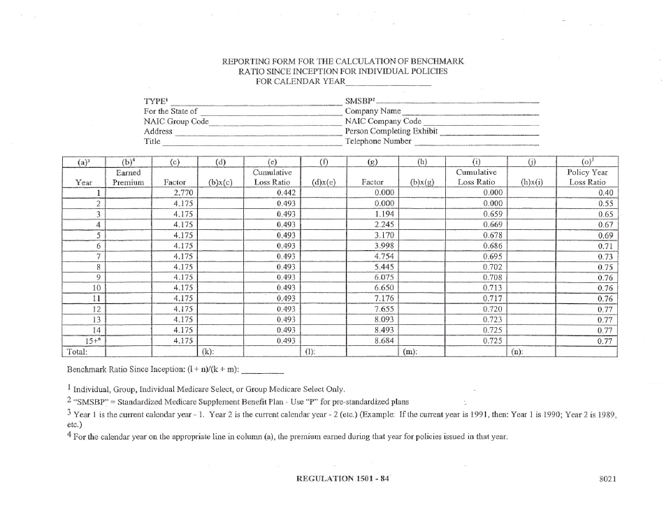 Reporting Form for the Calculation of Benchmark Ratio Since Inception for Individual Policies - Delaware, Page 1
