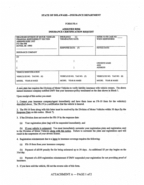 Form FR-4 Assigned Risk Insurance Certification Request - Delaware