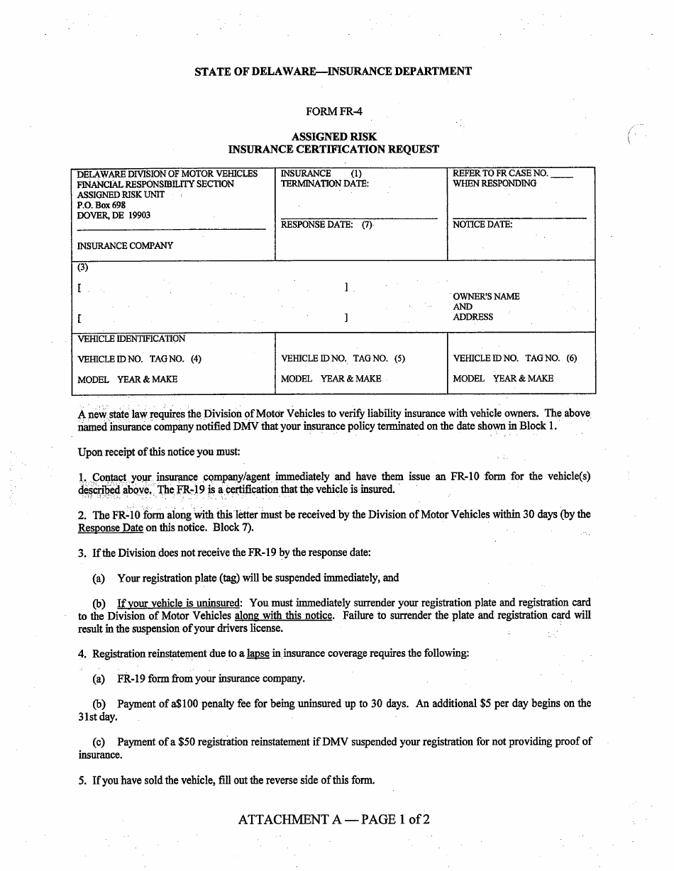 Form FR-4 Assigned Risk Insurance Certification Request - Delaware, Page 1