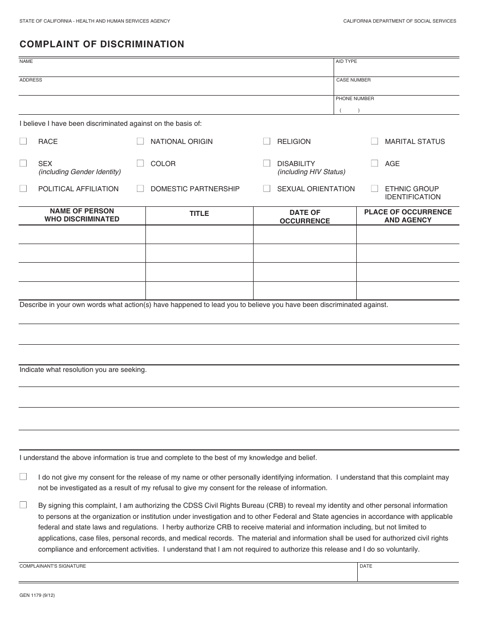 Form GEN1179 Complaint of Discrimination - California, Page 1