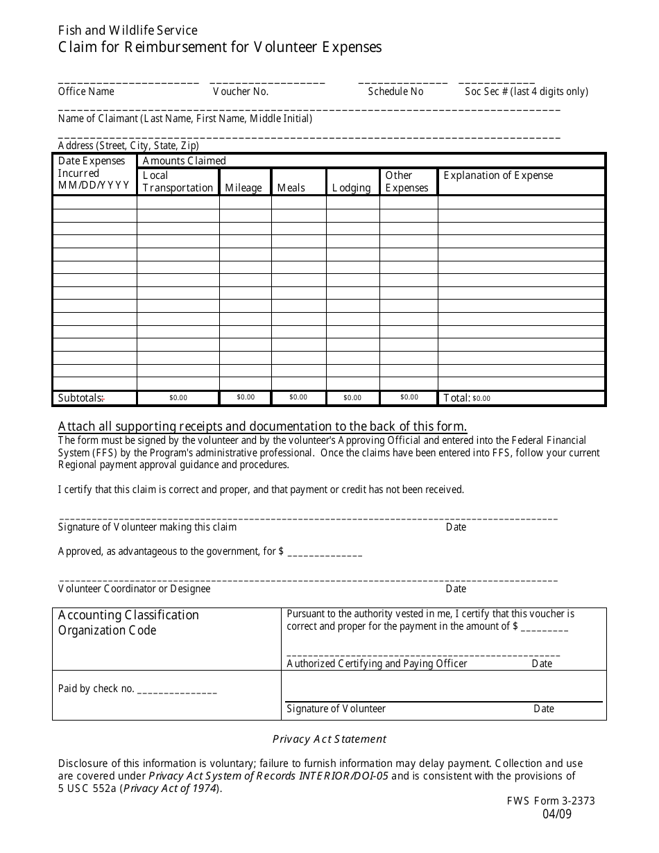 FWS Form 3-2373 Claim for Reimbursement for Volunteer Expenses, Page 1