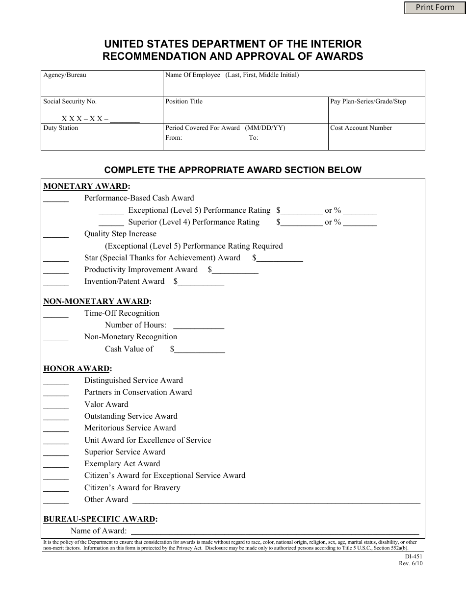 FWS Form DI-451 Recommendation and Approval of Awards, Page 1