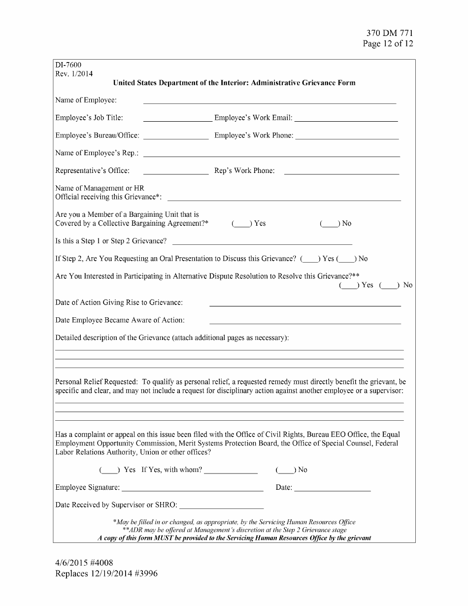 FWS Form DI-7600 Administrative Grievance Form, Page 1