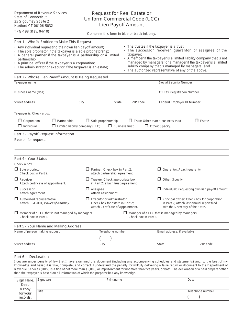 Form TPG-198 Request for Real Estate or Uniform Commercial Code (Ucc) Lien Payoff Amount - Connecticut, Page 1