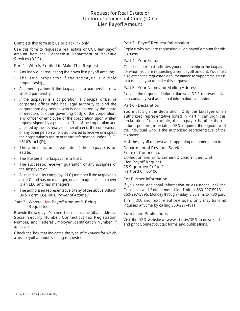 Form TPG-198 Request for Real Estate or Uniform Commercial Code (Ucc) Lien Payoff Amount - Connecticut, Page 2