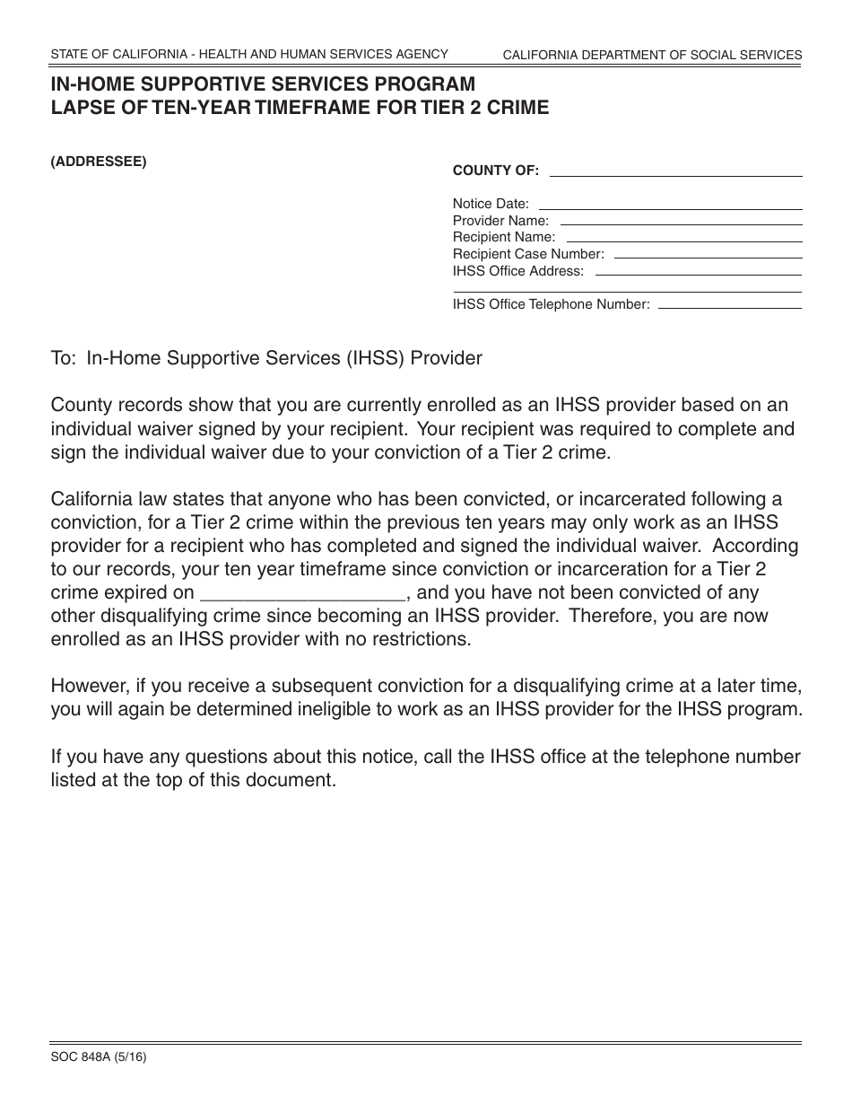Form SOC848A In-home Supportive Services Program Lapse of Ten-Year Timeframe for Tier 2 Crime - California, Page 1
