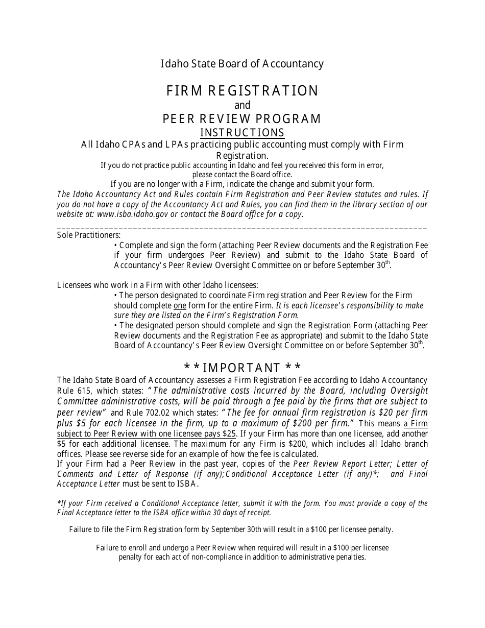 Instructions for Firm Registration and Peer Review Program - Idaho, Page 1