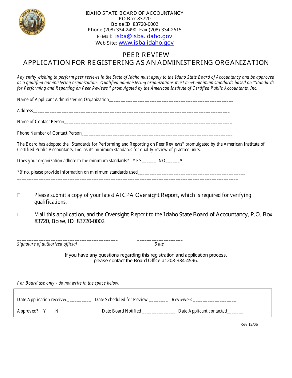 Idaho Application for Registering as an Administering Organization