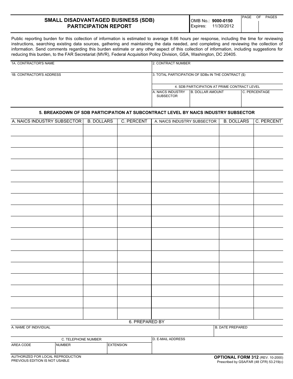 Optional Form 312 Small Disadvantaged Business (Sdb) Participation Report, Page 1