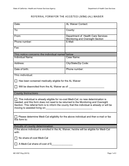 Form MC0027 Refferal Form for the Assisted Living (Al) Waiver - California