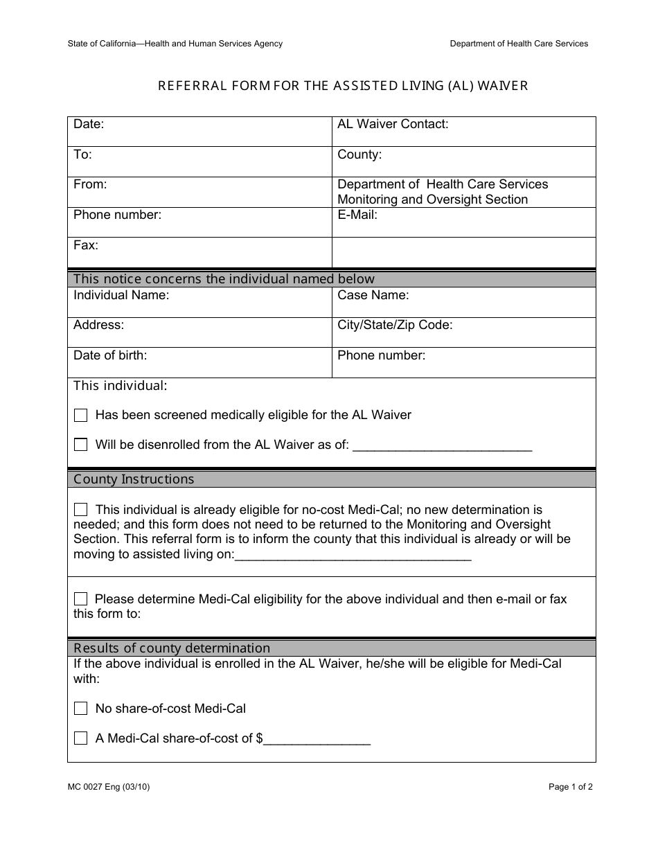 Form MC0027 Refferal Form for the Assisted Living (Al) Waiver - California, Page 1