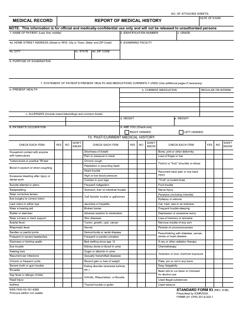 Form SF-93 Medical Record - Report of Medical History