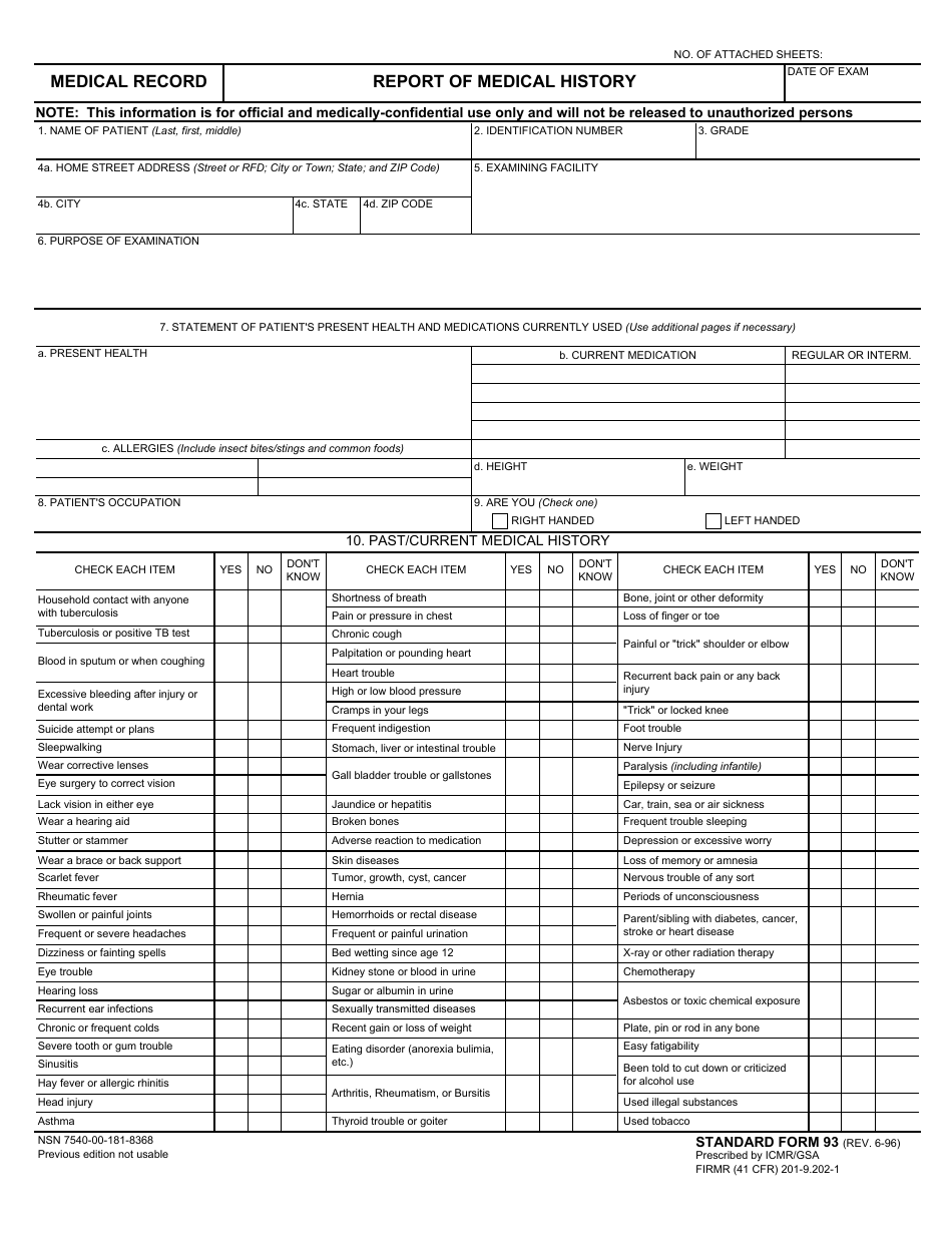 Form SF-93 Medical Record - Report of Medical History, Page 1