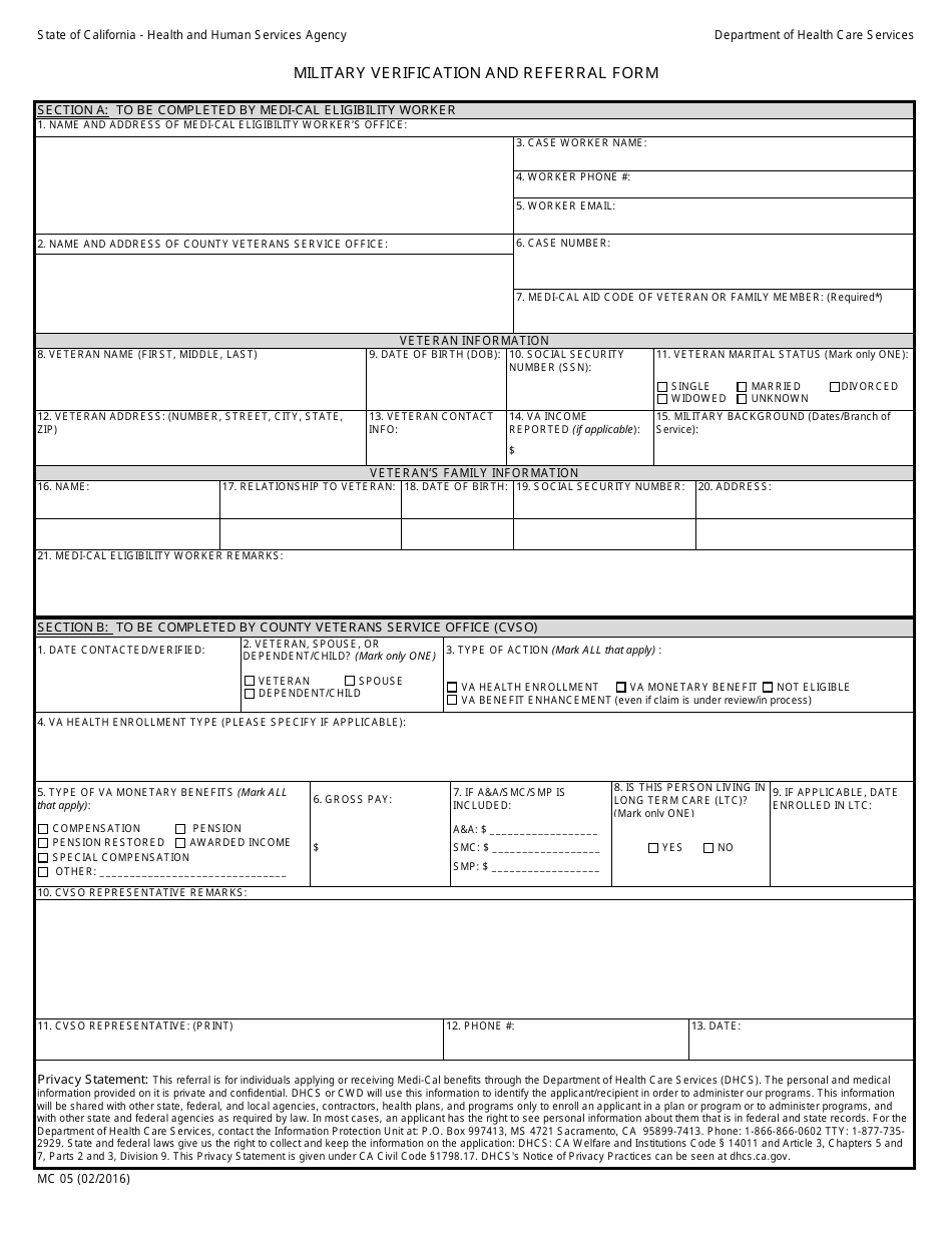 Form MC05 Military Verification and Referral Form - California, Page 1