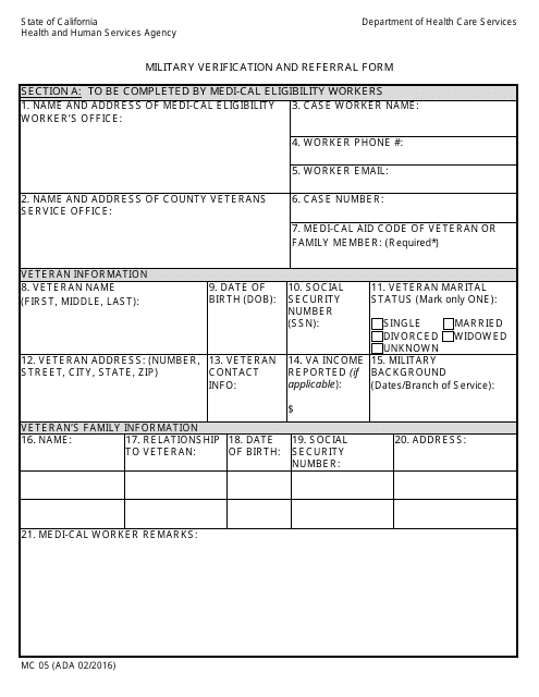 Form MC05 Military Verification and Referral Form - Ada Version - California