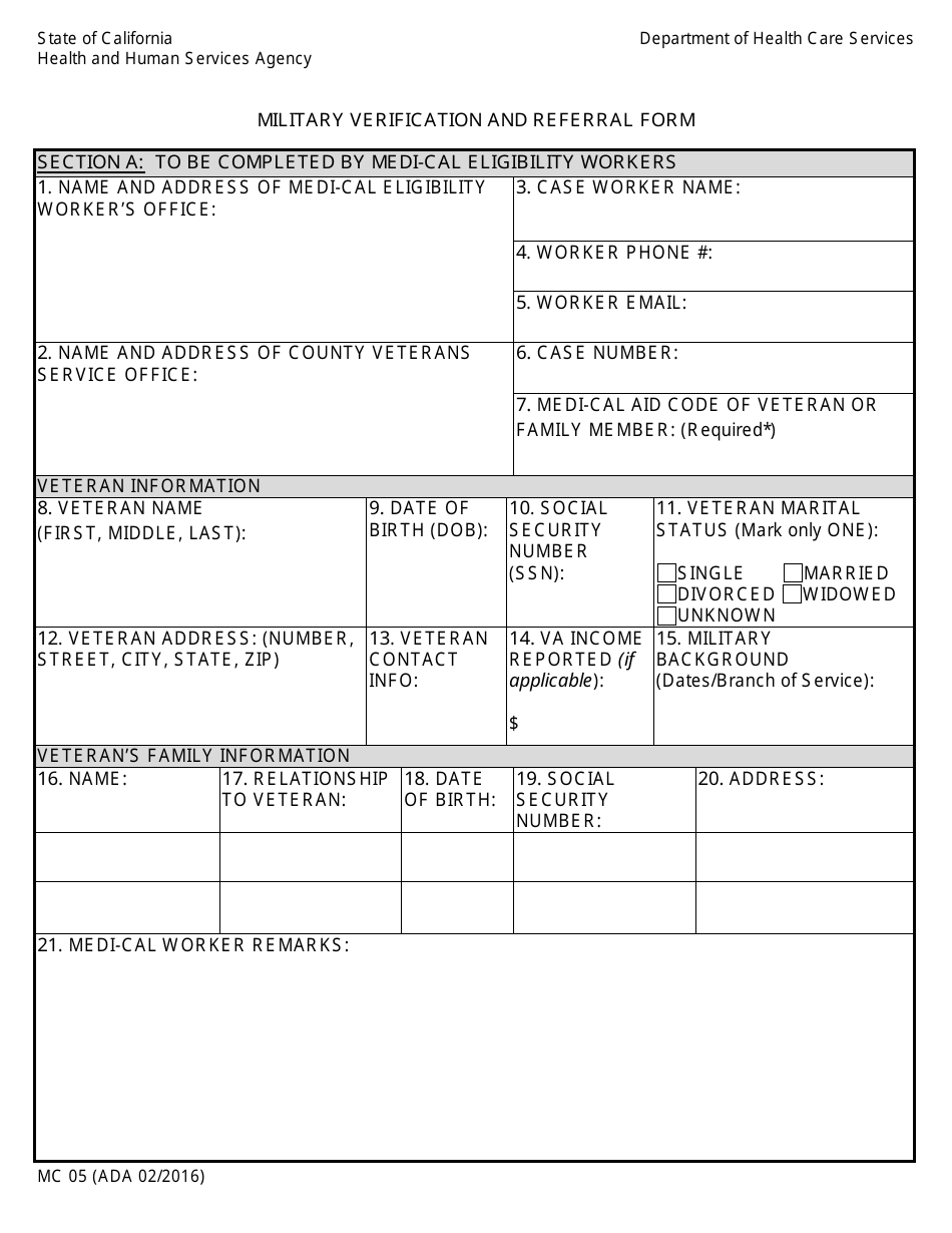 Form MC05 Military Verification and Referral Form - Ada Version - California, Page 1