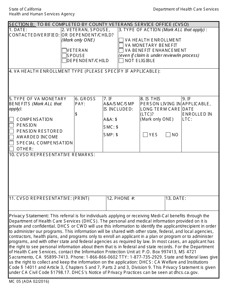 Form MC05 Military Verification and Referral Form - Ada Version - California, Page 2