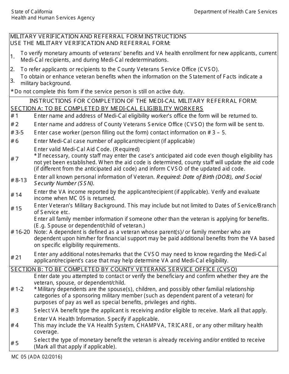Form MC05 Military Verification and Referral Form - Ada Version - California, Page 3