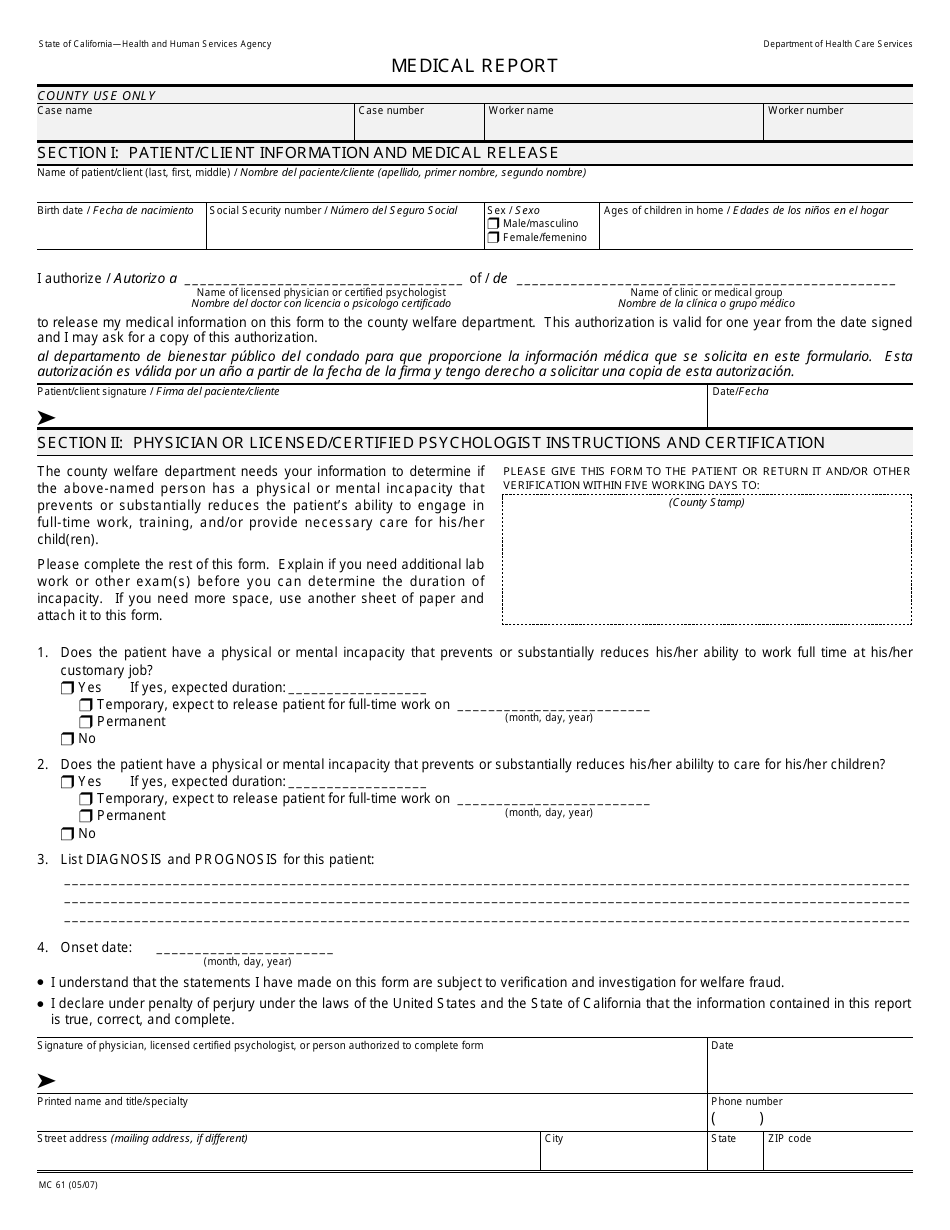 Form MC61 Medical Report - California, Page 1
