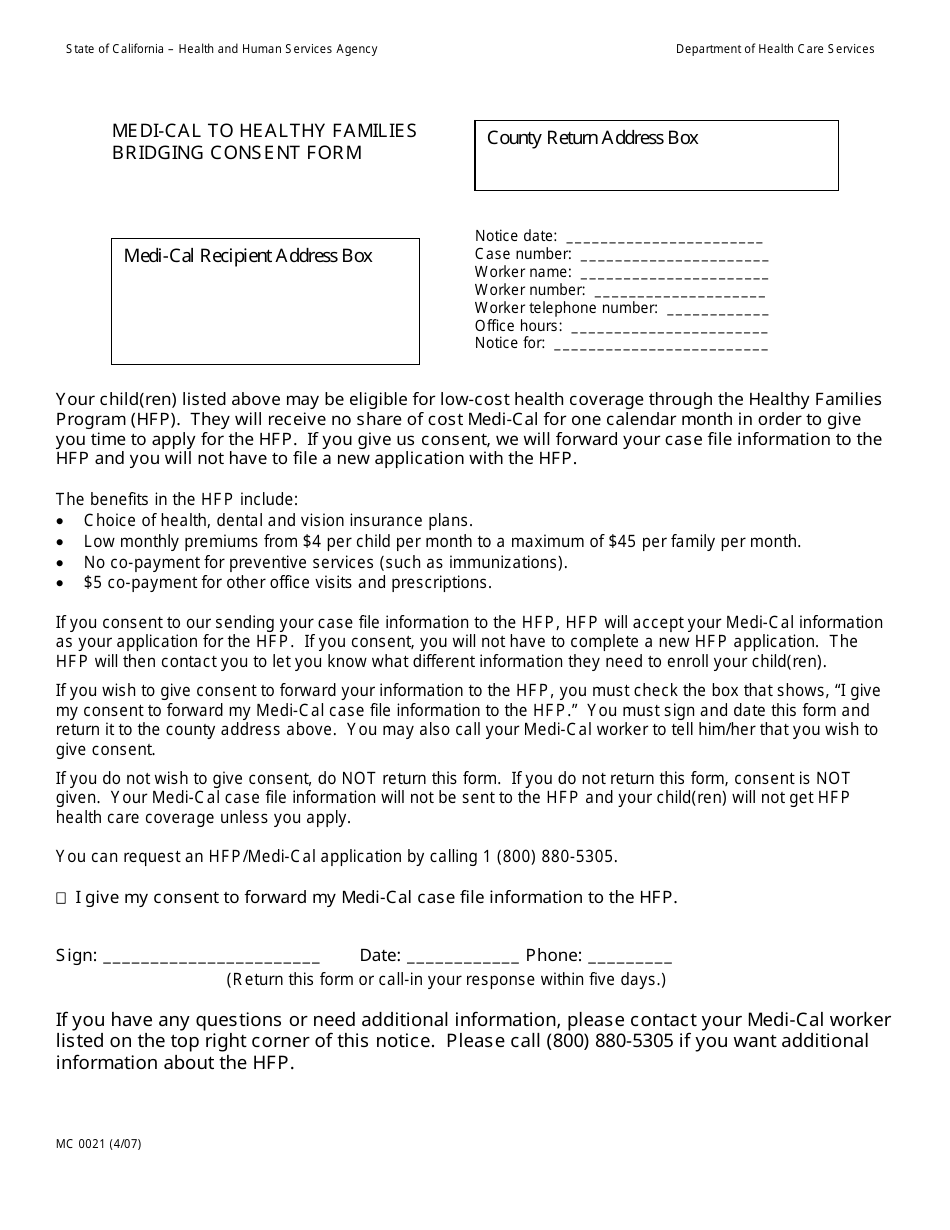 Form MC0021 Medi-Cal to Healthy Families Bridging Consent Form - California, Page 1