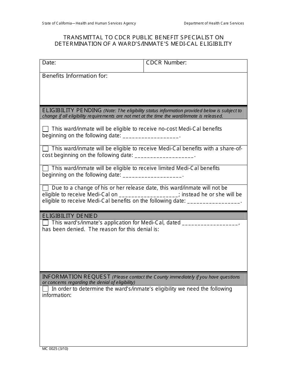 Form MC0025 Transmittal to Cdcr Public Benefit Specialist on Determination of a Wards / Inmates Medi-Cal Eligibility - California, Page 1