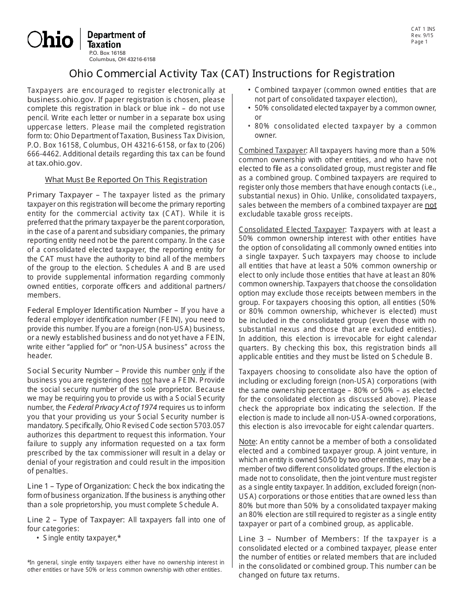 Instructions for Form CAT1 Commercial Activity Tax Registration - Ohio, Page 1