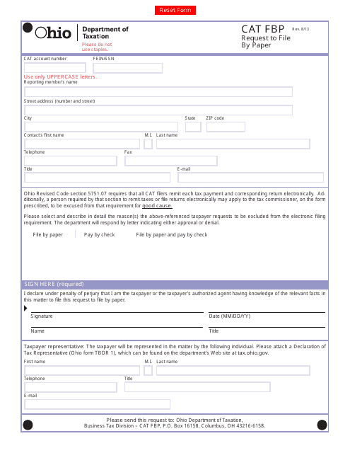 Form CAT FBP Request to File by Paper - Ohio