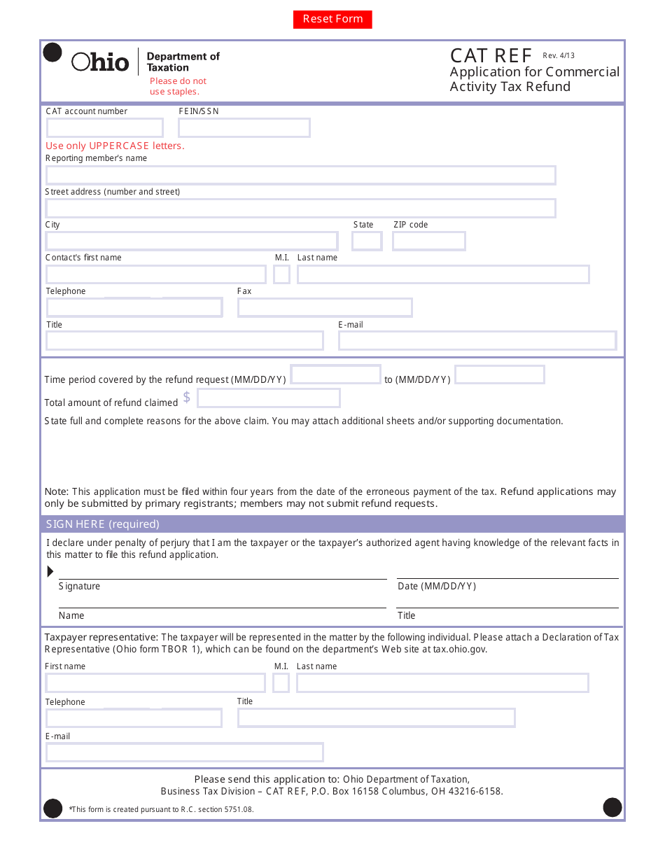 Form CAT REF Application for Commercial Activity Tax Refund - Ohio, Page 1