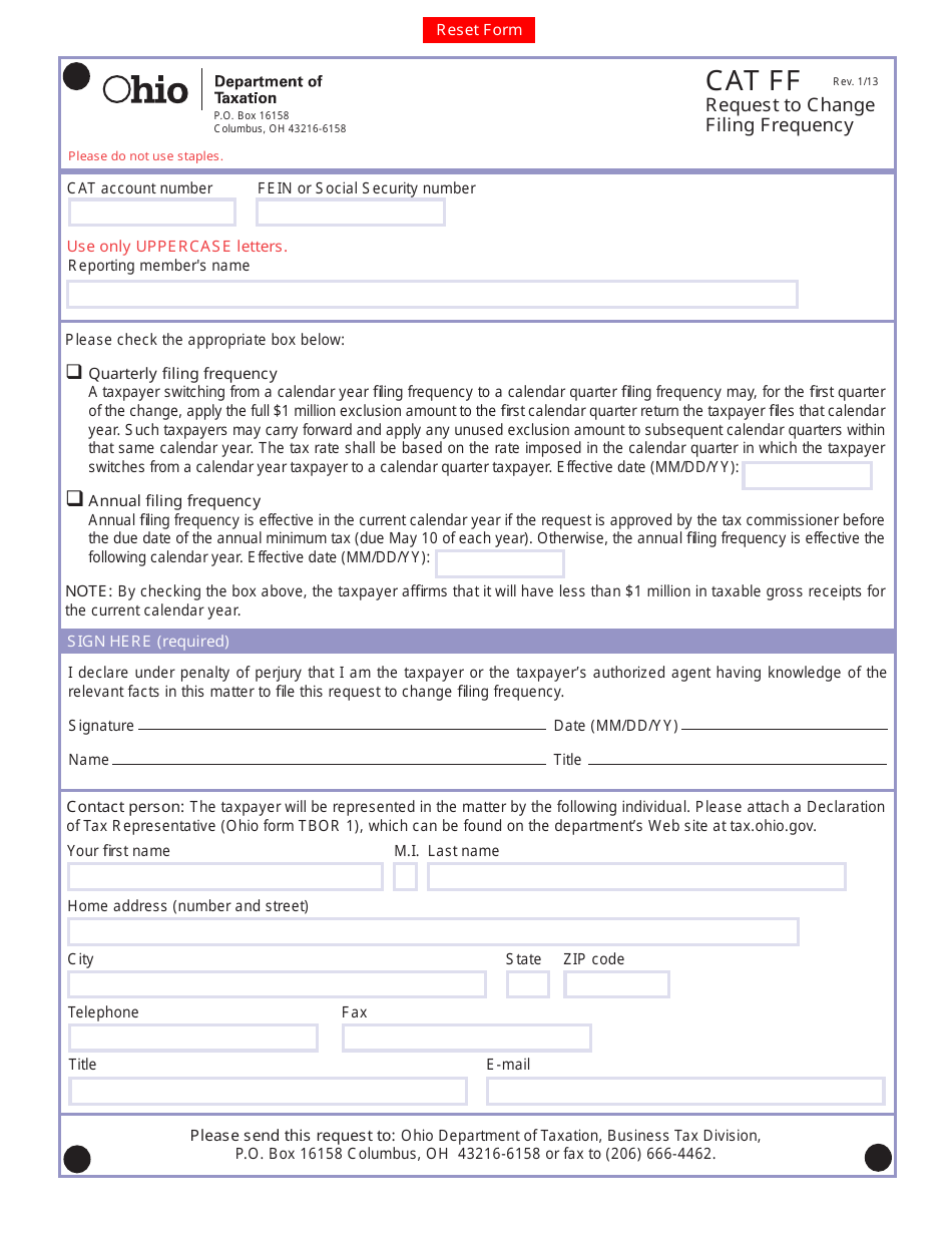 Form CAT FF Request to Change Filing Frequency - Ohio, Page 1