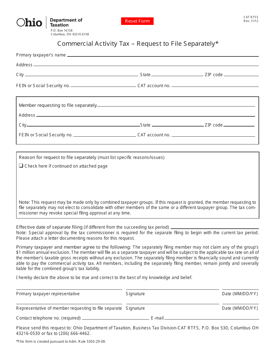 Form CAT RTFS Commercial Activity Tax - Request to File Separately - Ohio, Page 1