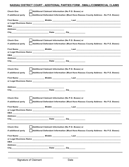 Additional Parties Form - Small / Commercial Claims - Nassau County, New York Download Pdf