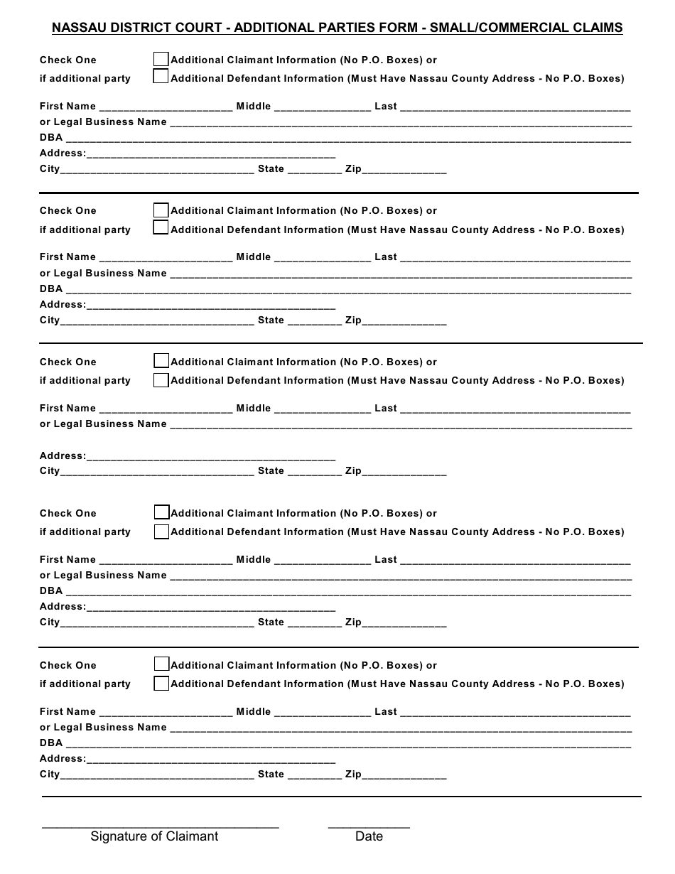 Additional Parties Form - Small / Commercial Claims - Nassau County, New York, Page 1