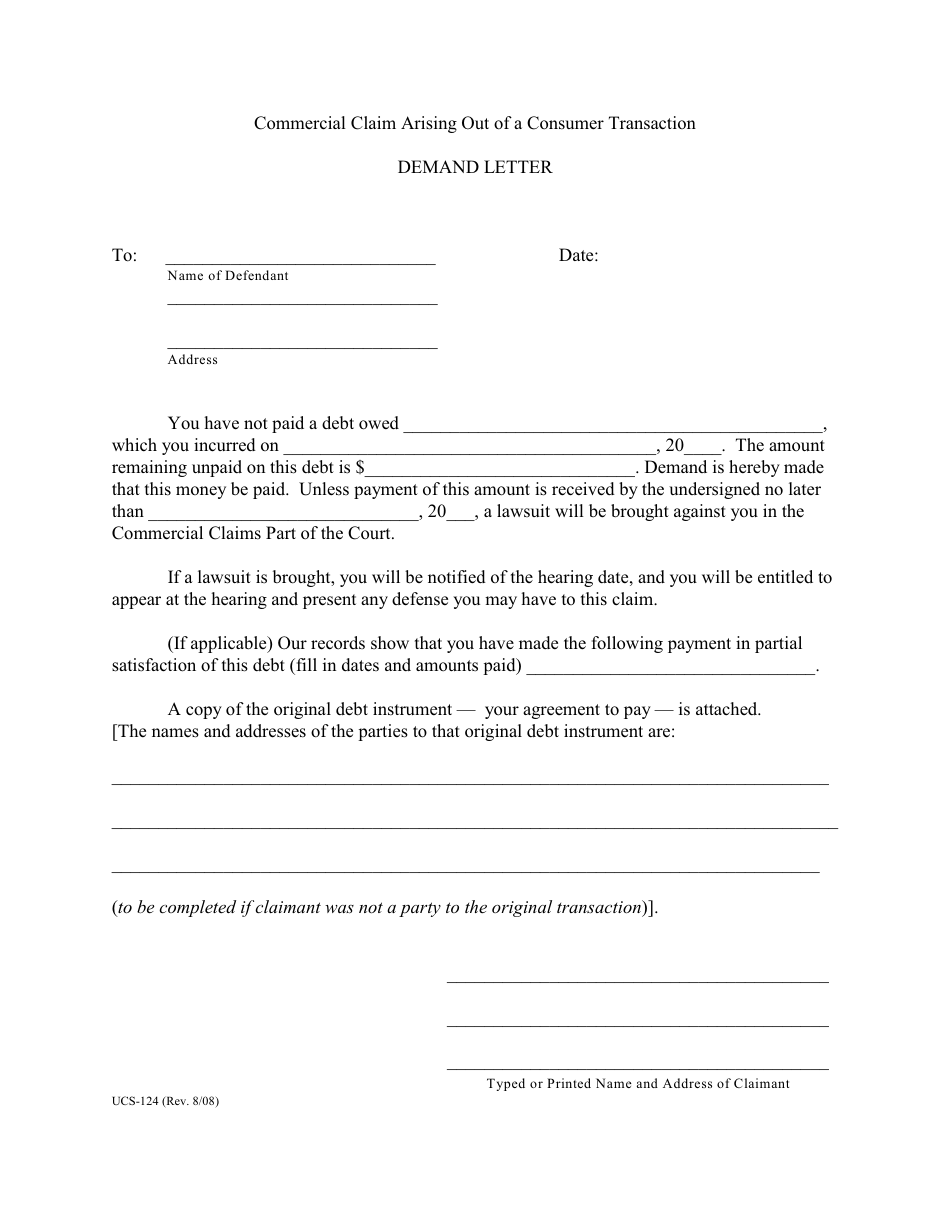Form UCS-124 Commercial Claim Arising out of a Consumer Transaction Demand Letter - New York, Page 1