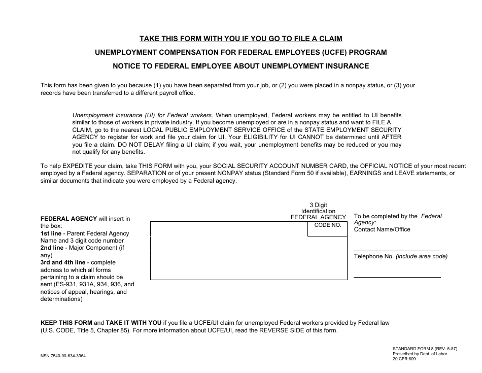 Form SF-8 Notice to Federal Employee About Unemployment Insurance - Unemployment Compensation for Federal Employees (Ucfe) Program, Page 1