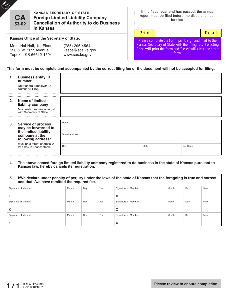 Form CA53-02 Foreign Limited Liability Company Cancellation of Authority to Do Business in Kansas - Kansas, Page 2