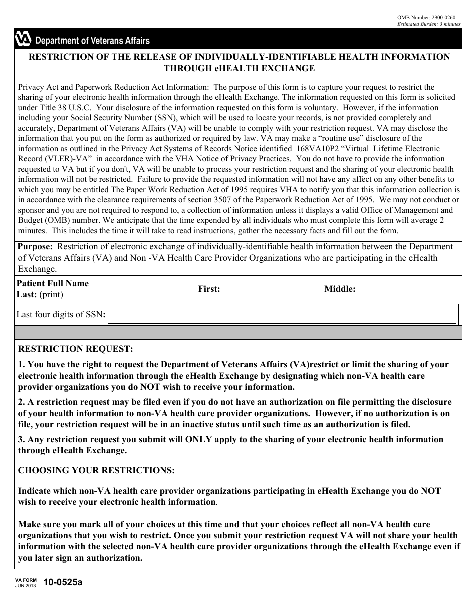 VA Form 10-0525a Restriction of the Release of Individually-Identifiable Health Information Through Ehealth Exchange, Page 1