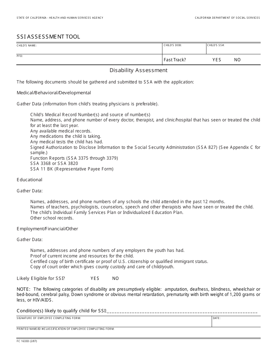 Form FC1633D Ssi Assessment Tool - California, Page 1
