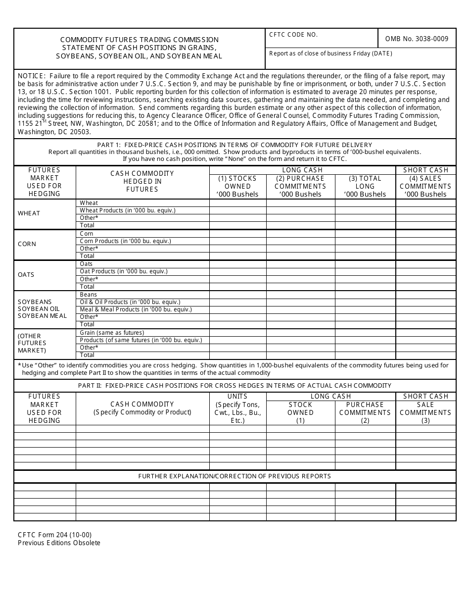 CFTC Form 204 Statement of Cash Positions in Grains, Soybeans, Soybean Oil, and Soybean Meal, Page 1