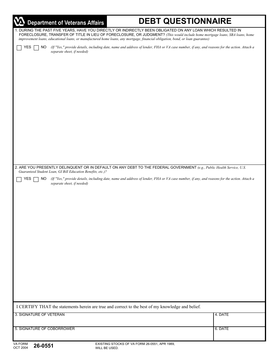 VA Form 26-0551 Debt Questionnaire, Page 1