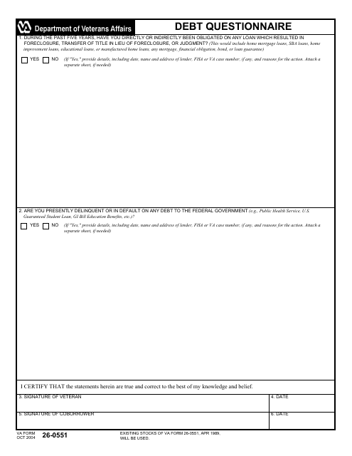VA Form 26-0551 Debt Questionnaire