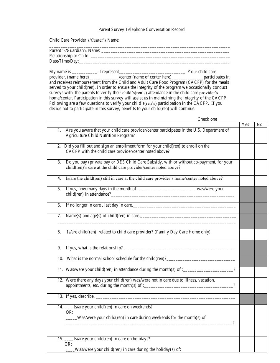 Parent Survey Telephone Conversation Record, Page 1